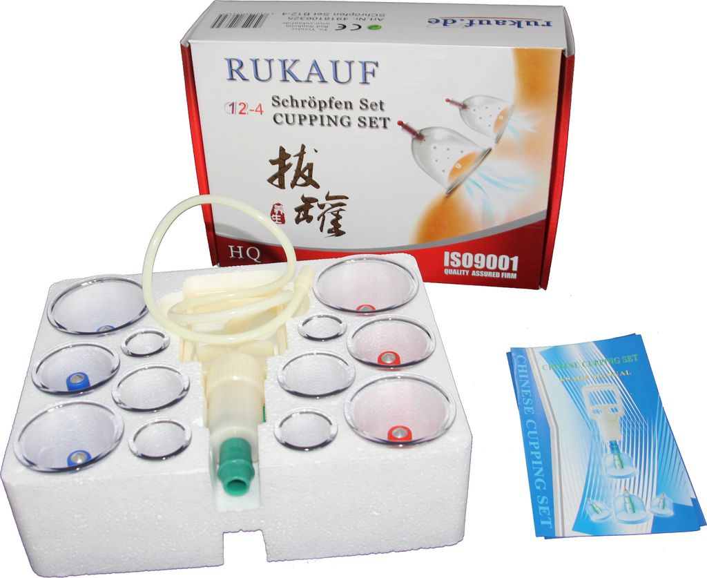 HQ Massage Schröpfen Set mit 12 Schröpfgläser aus Kunststoff mit Magneten + Vakuumpumpe