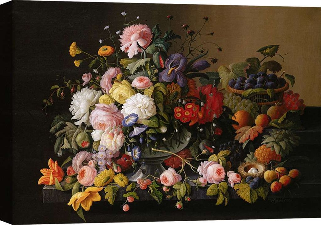 Leinwandbild Stillleben - Severin Roesen, Blumen und Früchte – 120x90 cm