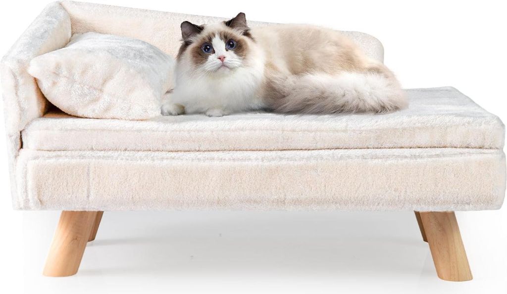 GOPLUS Luxus Katzensofa, Erhöhtes Hundebett mit Rückenlehne, abnehmbarem Kissen & Holzbeinen, Katzencouch für mittelgroße & große Katzen (Beige)