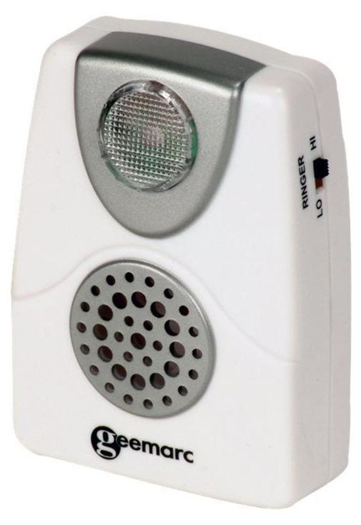 A white Geemarc CL11 acoustic telephone ringer with a flashing light and speaker.