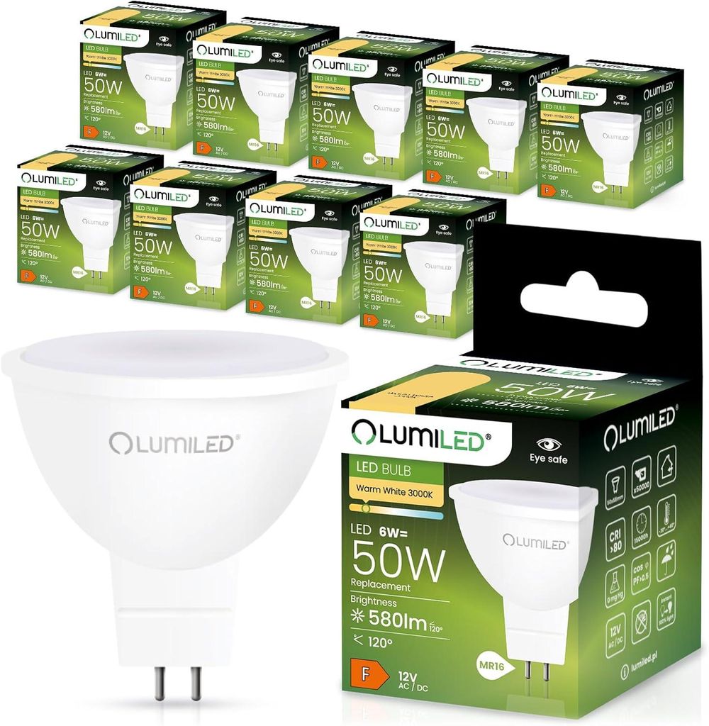 LUMILED GU5.3 LED Lampen Leuchtmittel 10 Stück Set MR16 6W (50W) 3000K Warmweiß 12V 580 Lumen 120° Abstrahlwinkel Spots warm Reflektorlampen