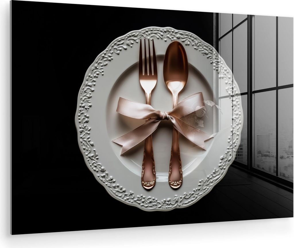 MuchoWow Glasbilder - Bilder auf Wandbild - Foto auf Glas Rose - Schleife - Besteck 30x20 cm Wanddekoration aus Glas - Acrylglasbild - Acrylbilder ...