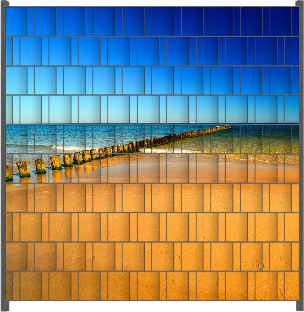 Wallario Zaunsichtschutz mit Motiv Sandstrand in orange - Blaues Meer - Blauer Himmel für Ein- und Doppelstabmatten Zäune in der Größe 200 x 20...