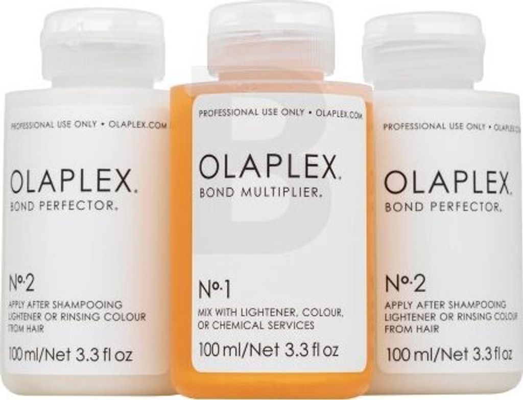 Three bottles of Olaplex hair treatment products are displayed against a white background.