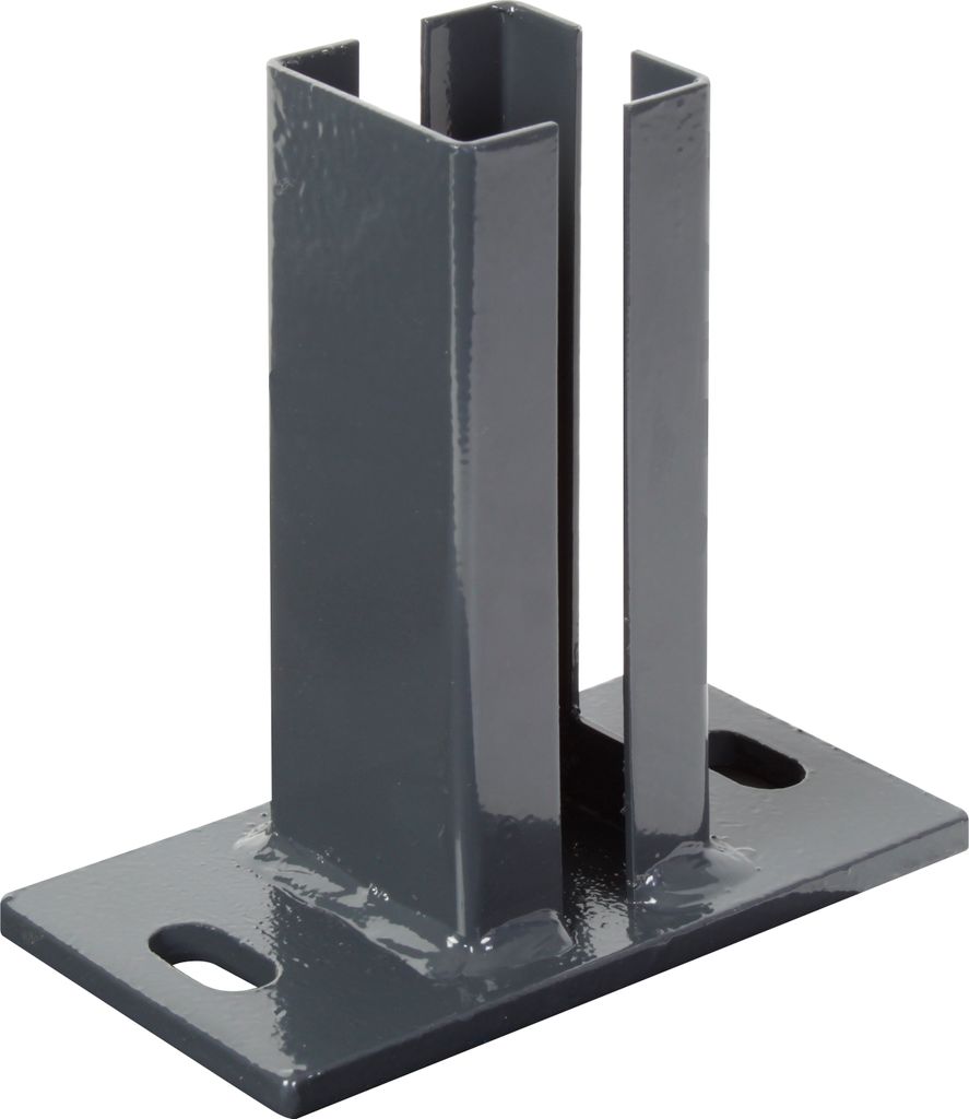 A gray metal post holder with a flat base and two vertical slots.