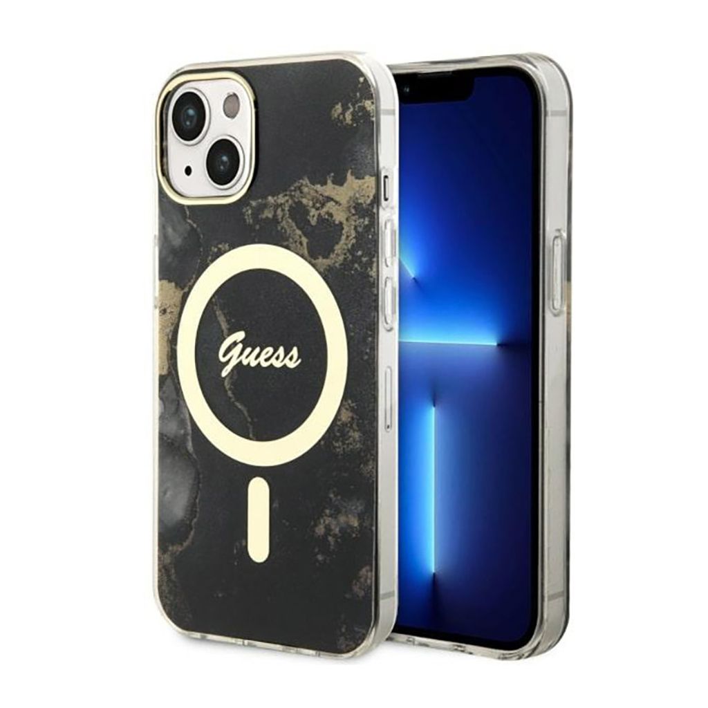 Guess GUHMP14MHTMRSK iPhone 14 Plus 67" schwarz/schwarzes Hardcase Golden Marble MagSafe Handyhülle