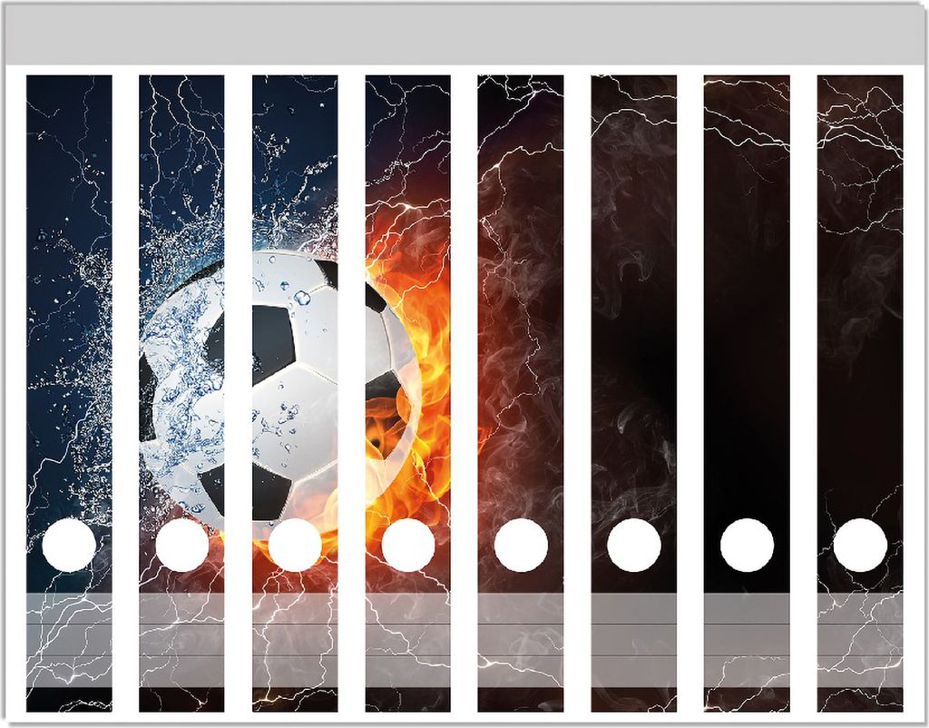 Wallario Ordnerrücken Sticker, selbstklebend für schmale Ordner, 8 Stück, Motiv Fußball - Feuer und Wasser