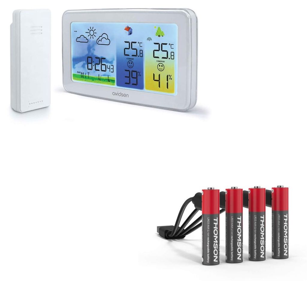 Farbige Wetterstation im Querformat mit Hintergrundbeleuchtung + 4 wiederaufladbare AAA/LR03-Batterien
