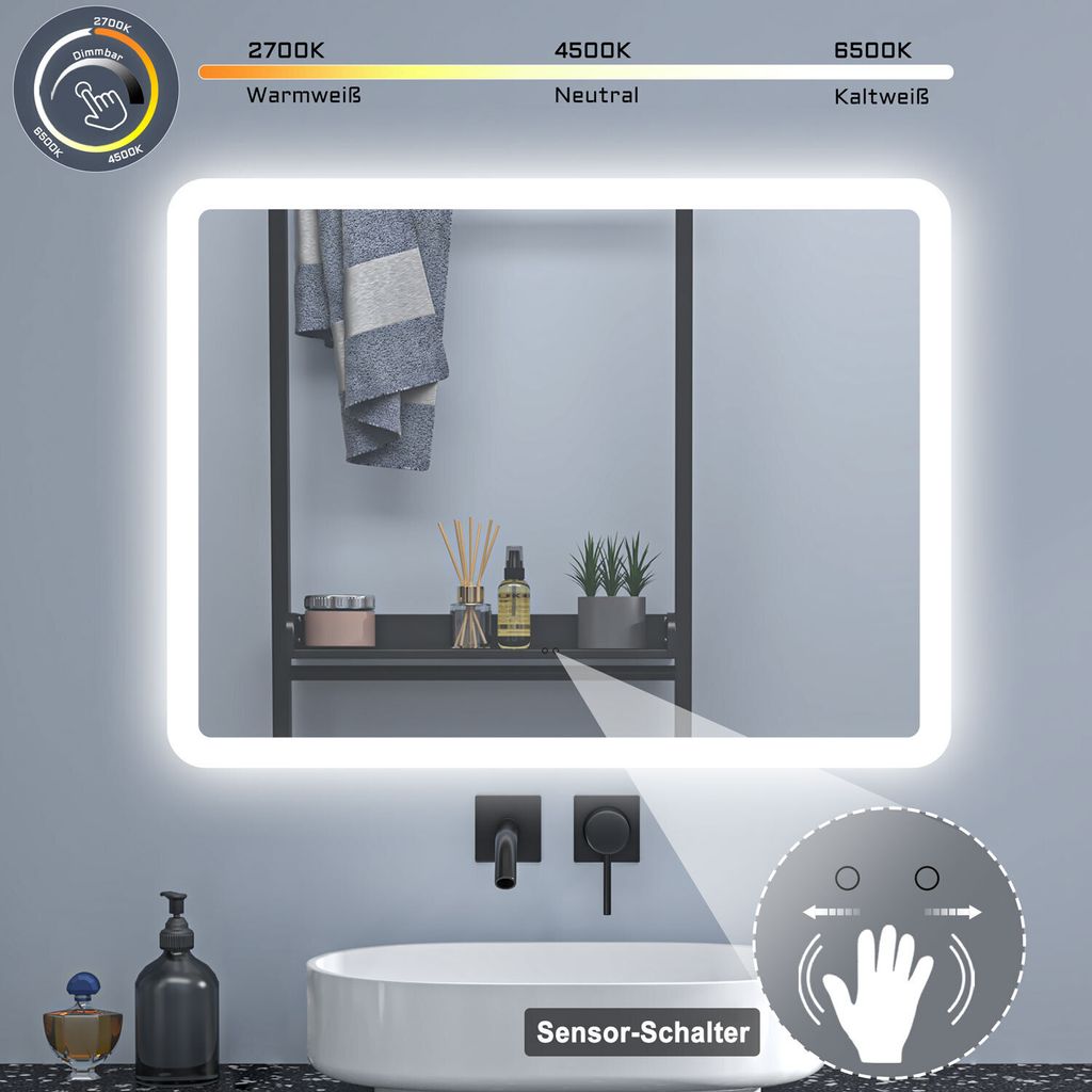 LED Spiegel 70×50cm Sensor-Schalter Kalt/Neutral/Warmweiß Produktbild 