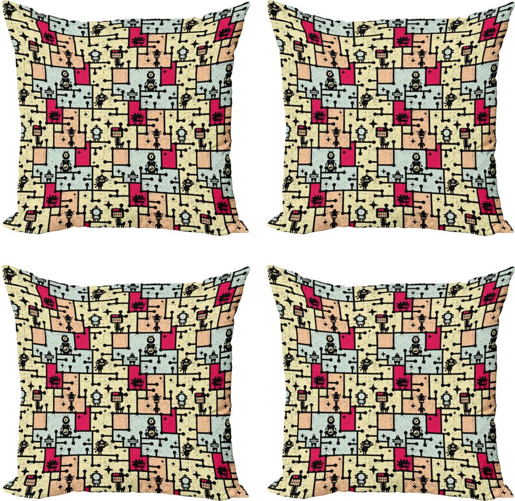ABAKUHAUS Platz Kissenbezug Set (4 Stück), Roboter auf Grid Squares, Moderner Doppelseitiger Digitaldruck, 40 cm x 40 cm, Mehrfarbig