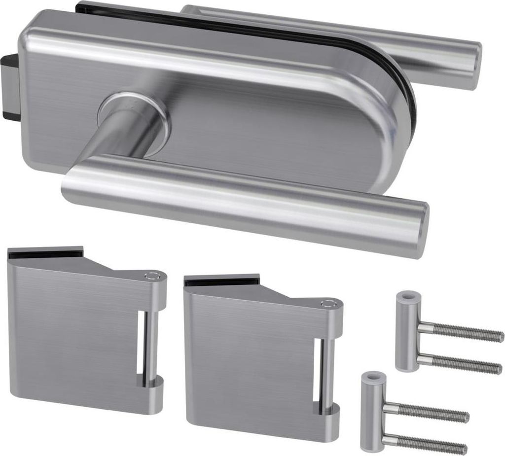 Griffwerk SMILE 1.0 -Edelstahl optik matt Ganzglastürbeschlagset -3-teiliger Bandsatz Griff L-FORM -UV