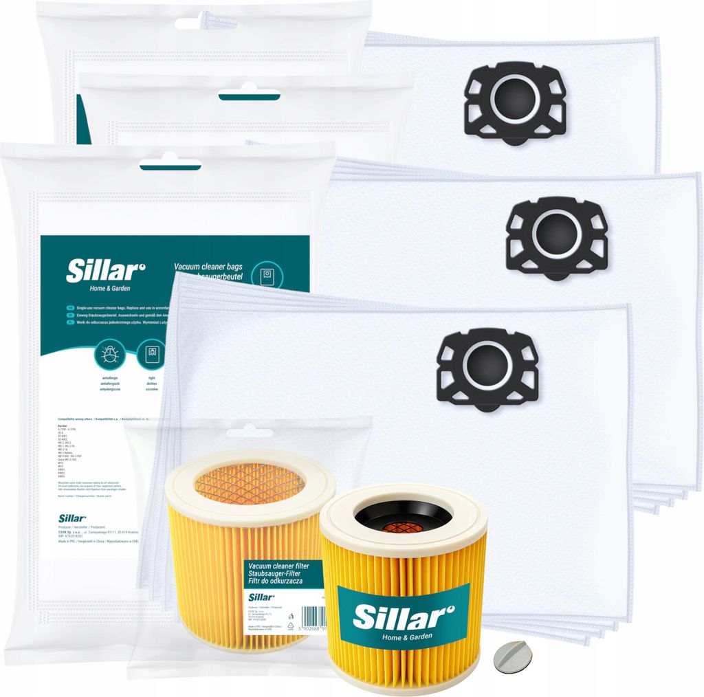 Sillar 12x Staubsaugerbeutel Vlies + Filter für Kärcher WD2 Produktbild 