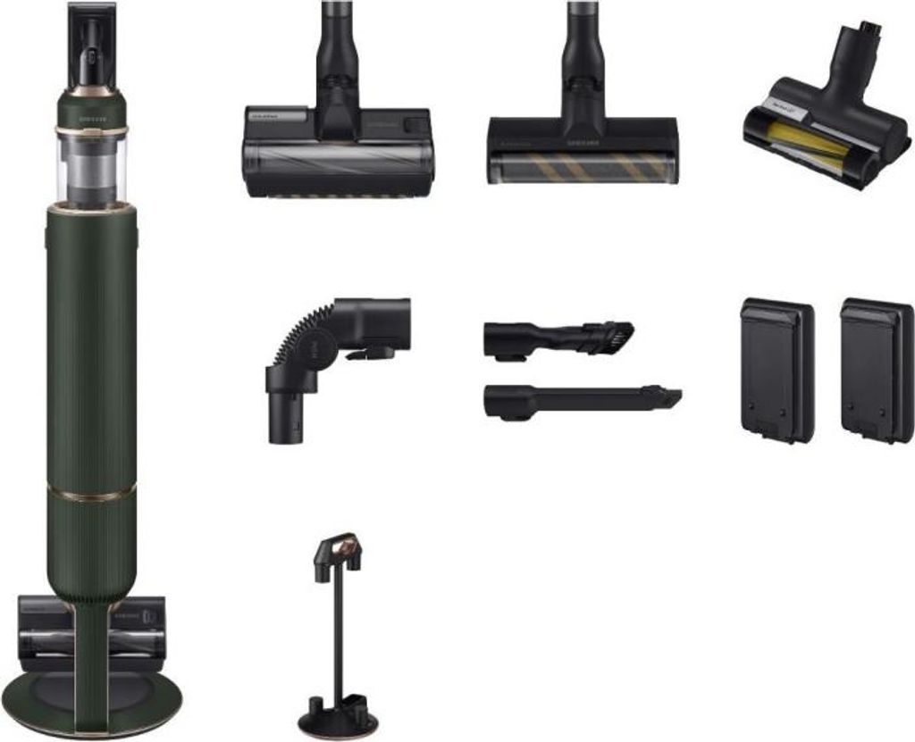 A collage of a green cordless vacuum cleaner and its various attachments, including different brush heads, extensions, and charging components.