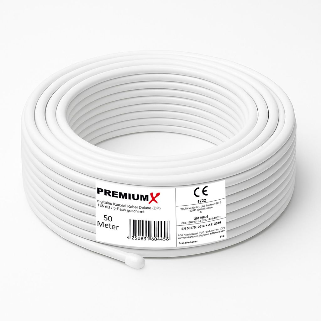 PremiumX 50m DELUXE PRO Koaxialkabel 135dB 5-fach reines Produktbild 