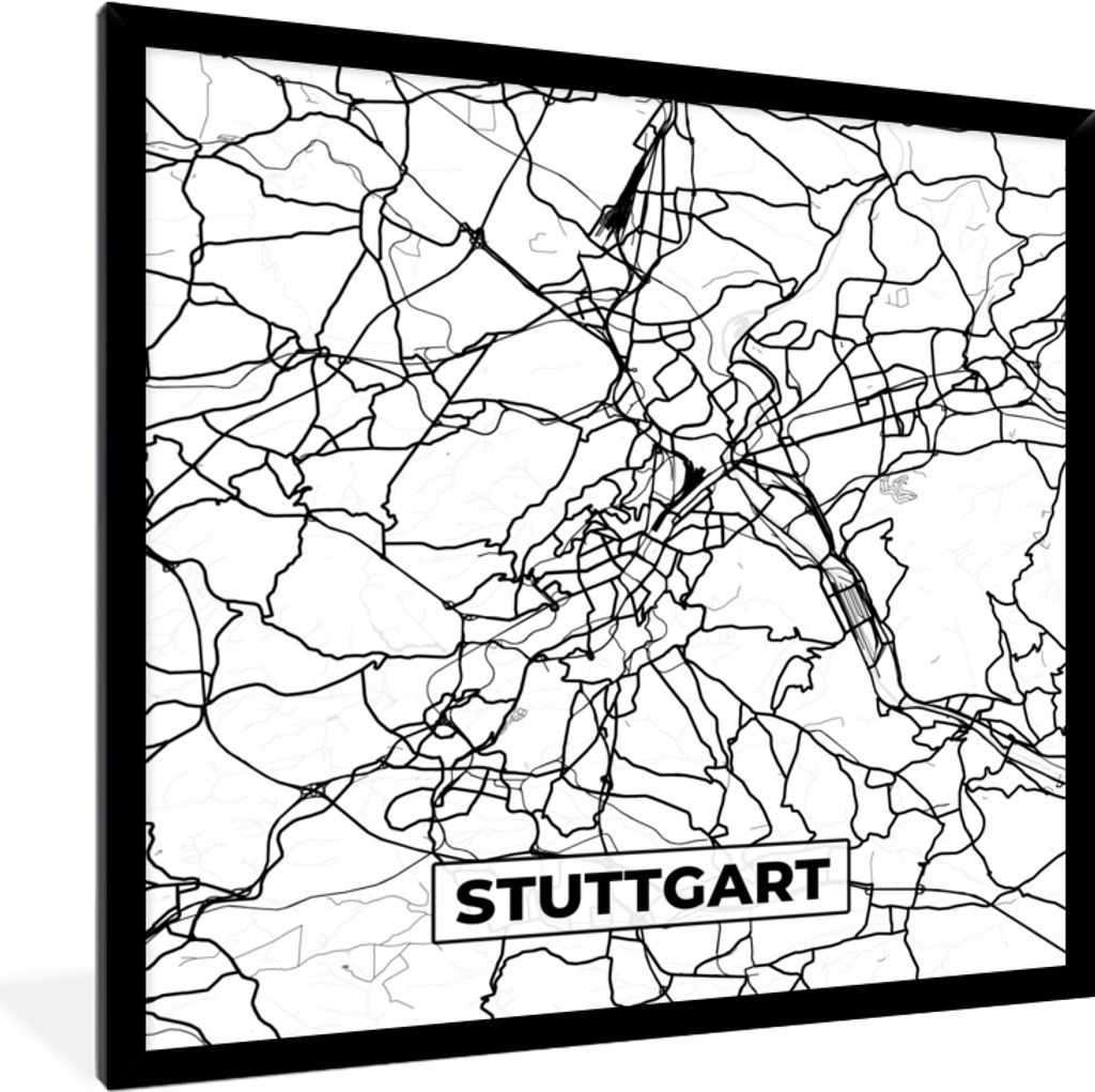 MuchoWow Gerahmtes Poster Stuttgart - Karte - Stadtplan 40x40 cm - Poster mit Schwarzem Bilderrahmen Wandposter Rahmen Foto Bilder - Mit Rahmen -...