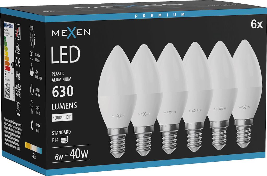 Mexen Nova 6x LED-Glühbirne E14, C37, 6W, Neutral - 4000K, 630 lm - L102-E14-0640-01x06