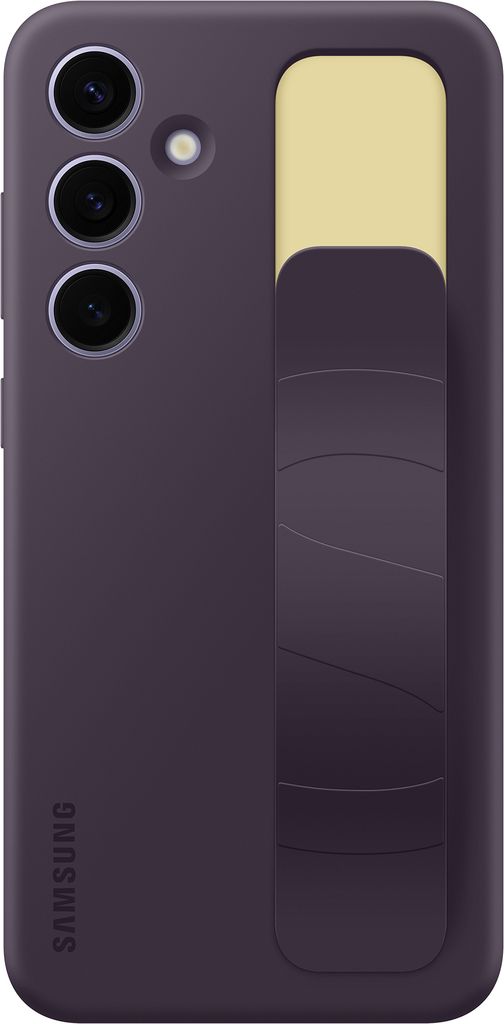 A dark violet Samsung phone case with a yellow accent and a grip.