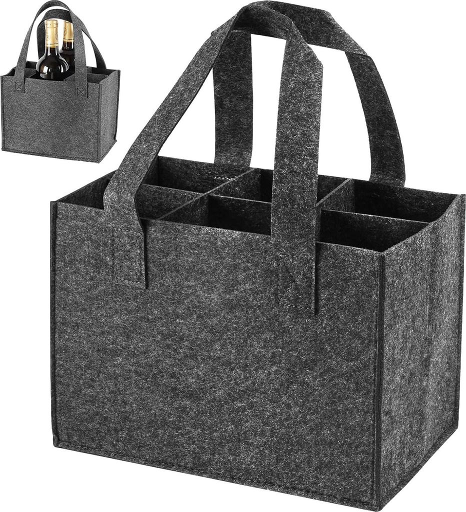 Flaschentasche für 6 Flaschen mit Fächern - Grauer Filzträger für Bier und Wein