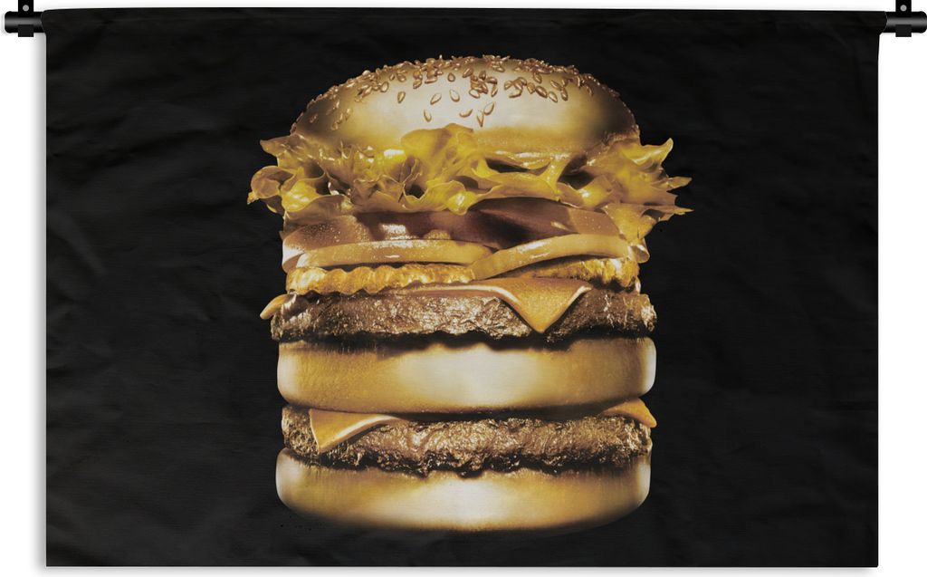 MuchoWow Wandteppich Wandbehang Goldener Hamburger auf schwarzem Hintergrund. 60x40 cm Tapisserie Dekoration Wandtuch - Wanddekorationen