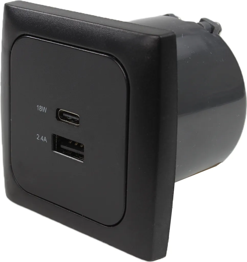 Prise Inprojal CBE USB A et C 12V noire avec cadre et boîtier isolant