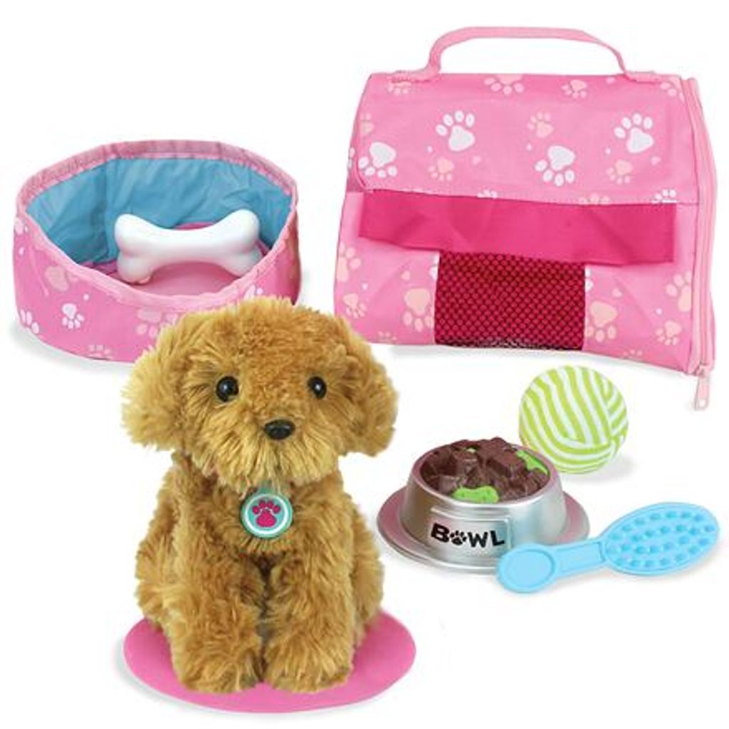 Sophias goldenes Plüsch -Welpenhund- und Accessoires -Set mit Leine, Food -Schüssel, Bürste, Ball, Knochen, Bett, Decke und Trägergröße für ...