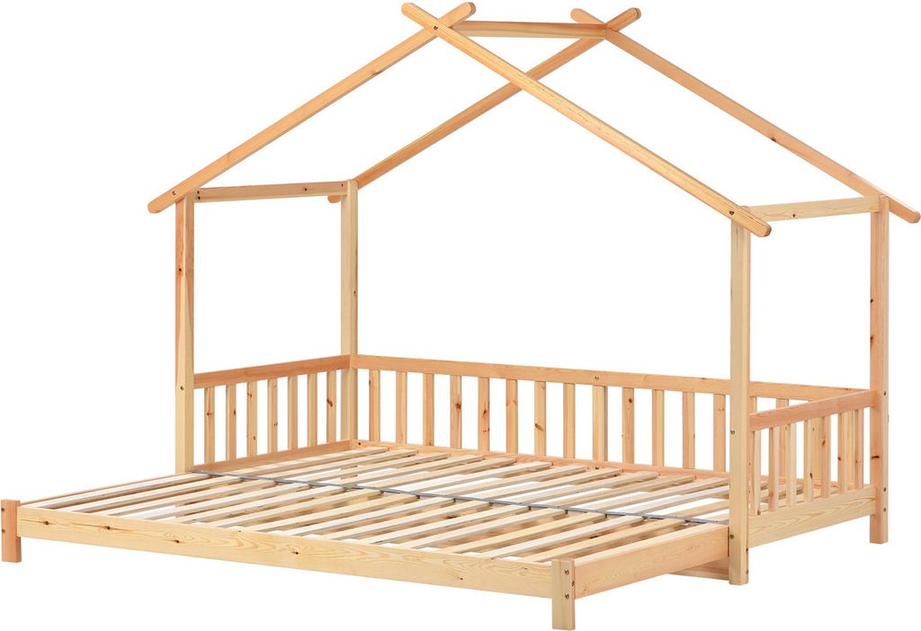 Erweiterbares Baumhausbett, Hausbett, Kinderbett, Tagesbett, Einzel- und Doppelbett, reines Massivholz, natur (200x90cm)