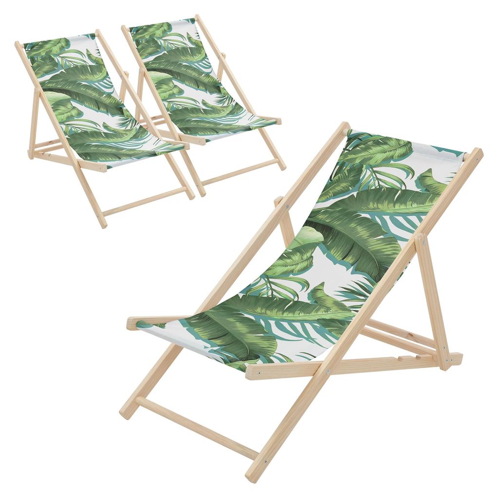 ECD Germany 3er Set Liegestuhl klappbar Tropical Grün-Weiß aus Holz Sonnenliege mit 3-Fach verstellbarer Rückenlehne Strandliege für Garten Bal...