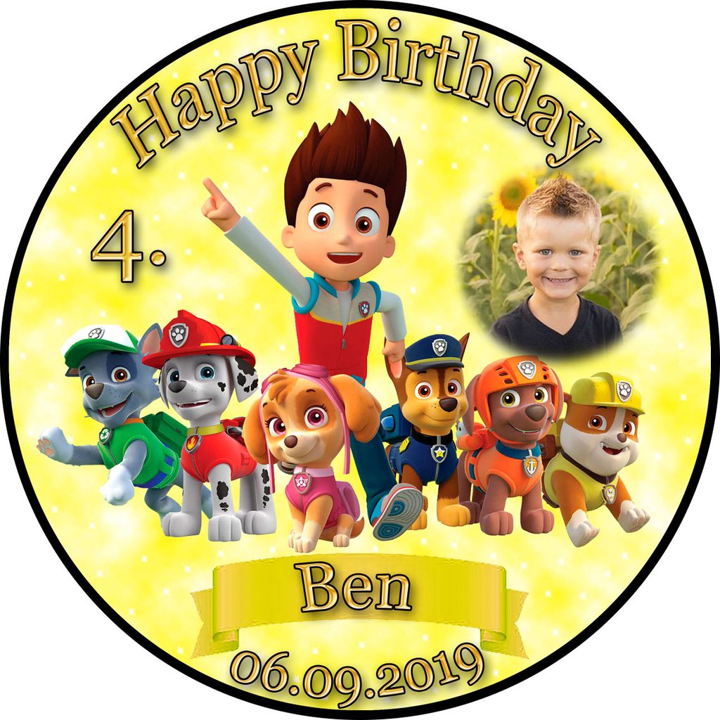 Tortenaufleger Fototorte Tortenbild Kindergeburtstag Paw Patrol PP02 (Zuckerpapier) Rund 20 cm Ø mit Banner & Foto Gelb