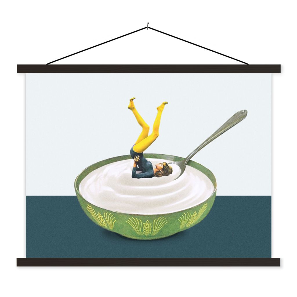 MuchoWow Textilposter Joghurt - Yoga - Retro 150x113 cm mit holzfarbenen Rahmen - Poster