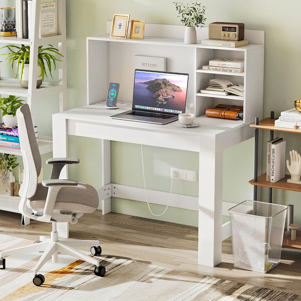 COSTWAY 108x60x125 cm Schreibtisch mit Ladestation, Kleiner Computertisch mit Steckdose, Aufsatz&offenen Fächer, Bürotisch aus Holz, PC-Tisch Weiß