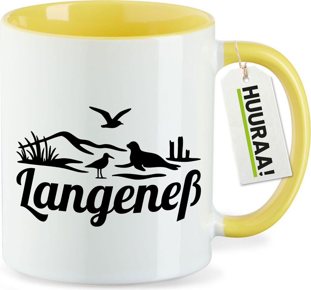 Huuraa Kaffeetasse Langeneß Strandmotiv 330ml Gelb Keramik Kaffeebecher Geschenkidee