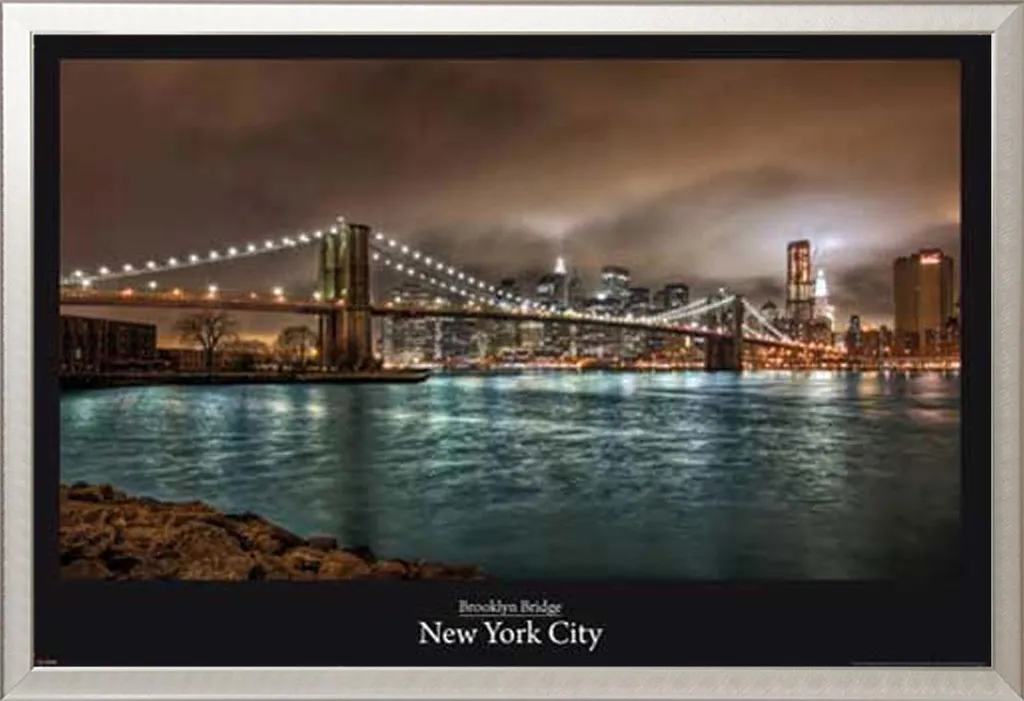 Poster New York Brooklyn Bridge HDR Shinsuke Maxi Cadre Aluminium Argenté