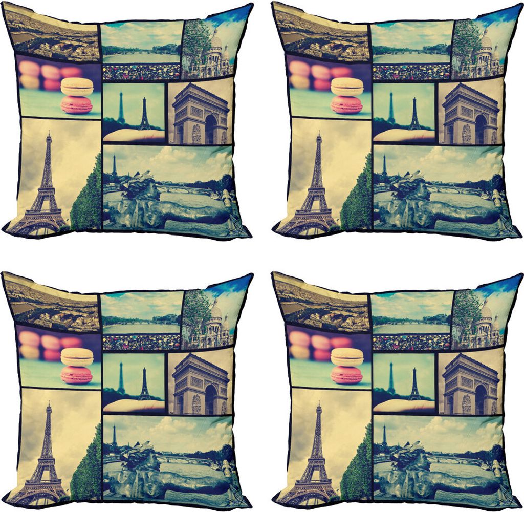 ABAKUHAUS Collage Kissenbezug Set (4 Stück), Berühmtes Paris Frankreich Marks, Moderner Doppelseitiger Digitaldruck, 60 cm x 60 cm, Mehrfarbig