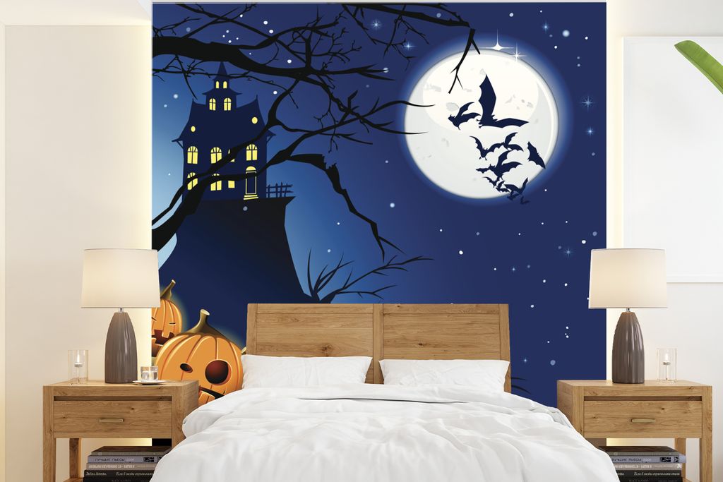 MuchoWow Fototapete für Wohnzimmer oder Schlafzimmer Wandtapete Vinyl Motivtapete Eine Halloween-Nacht in einer Illustration - 200x220 cm - Viny...
