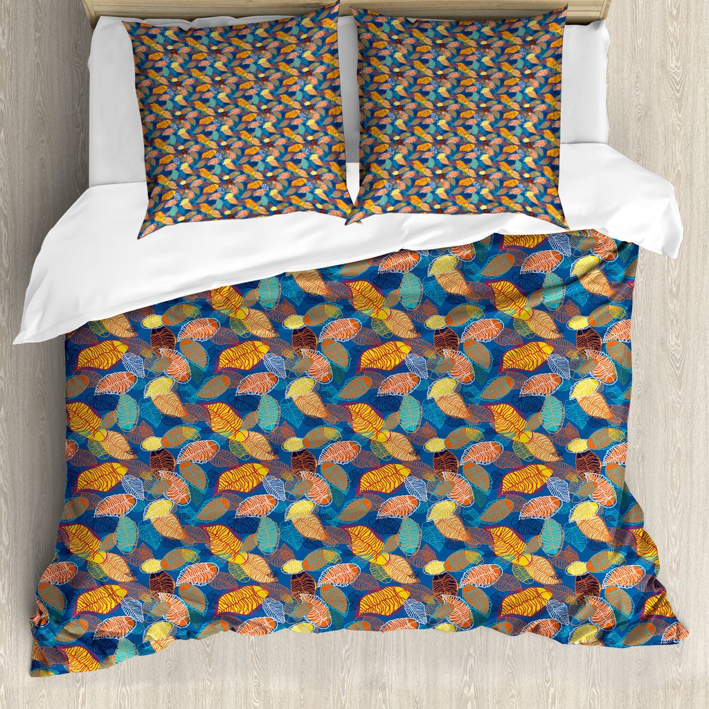 ABAKUHAUS Blätter Bettbezug, Bunter Herbst, Milbensicher Allergiker geeignet mit Kissenbezügen, 155 cm x 220 cm - 80 x 80 cm, Mehrfarbig