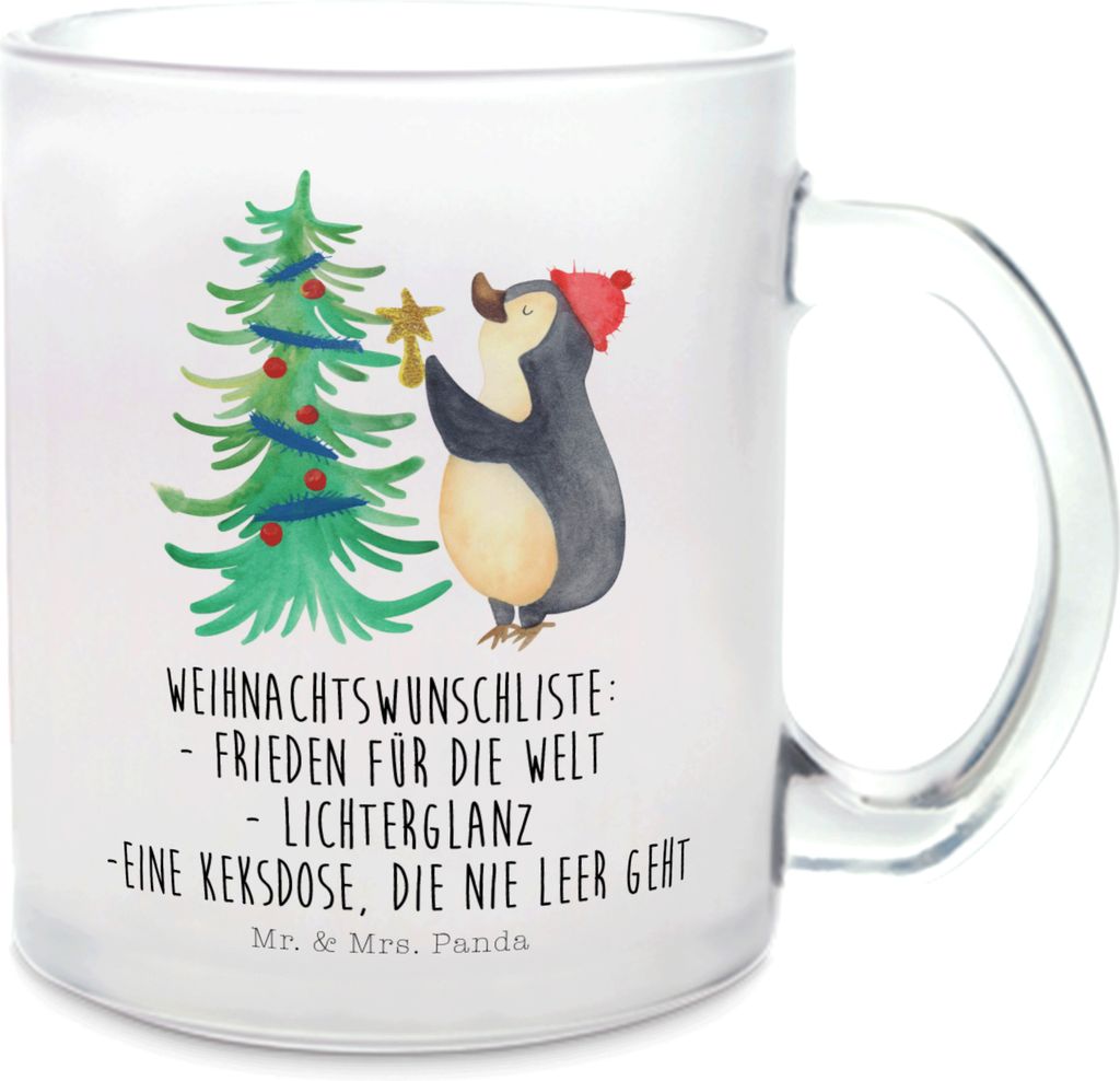 Mr. & Mrs. Panda Teeglas Pinguin Weihnachtsbaum - Transparent - Geschenk, Haferl, Glasbecher, Weihnachten, Pott, Teetasse, Winter, Glas