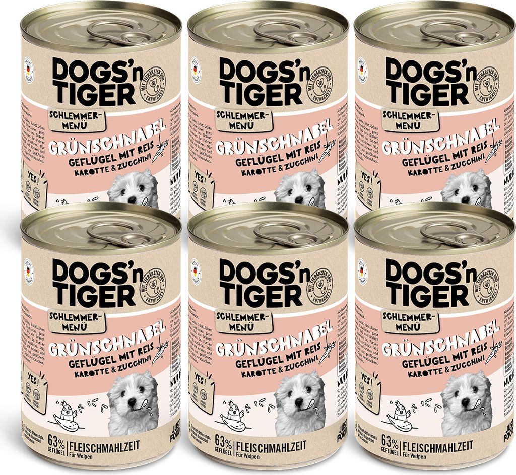 Dogs’n Tiger Junior, Hundefutter, Grünschnabel, Hunde Nassfutter, Welpen Futter, Geflügel, Getreidefrei, Naturreis, Karotte & Zucchini, 6x400g