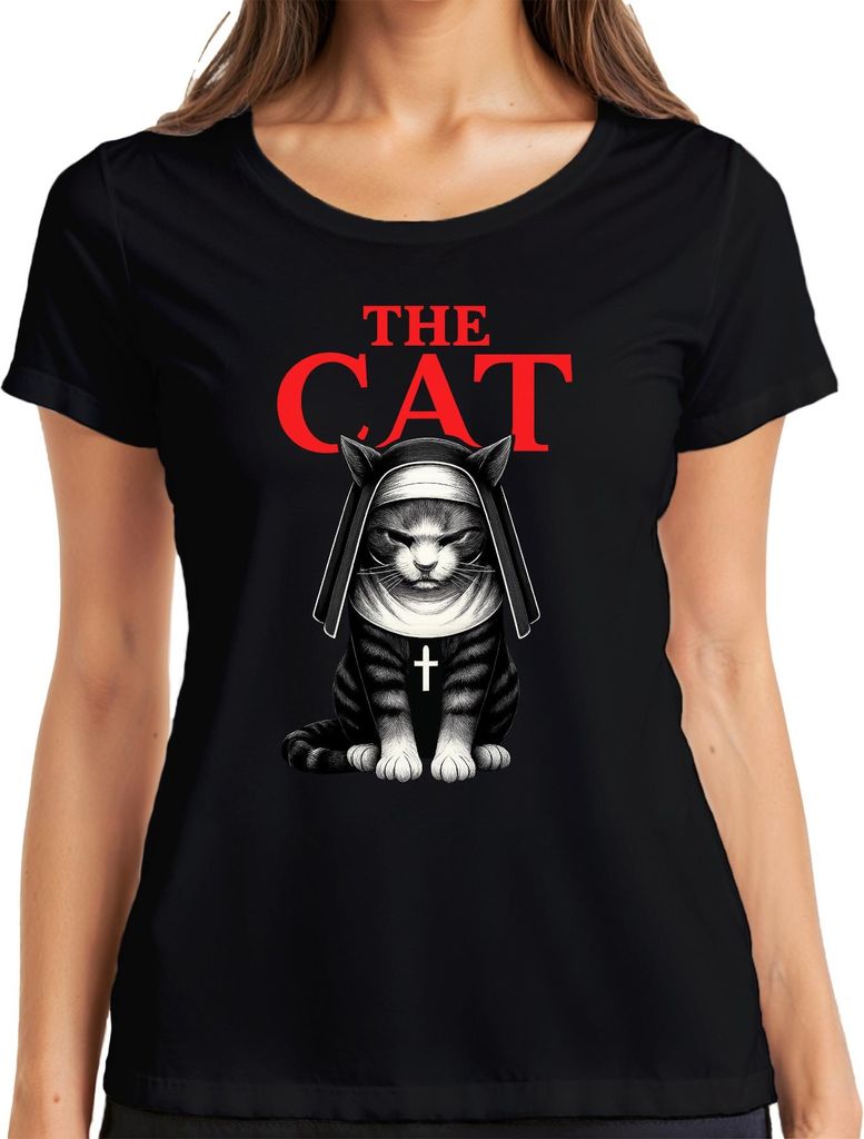 Katze Nonne Gothic Horror Kreuz Halloween The Cat Nun Film Dunkel Damen T-Shirt, Schwarz, L