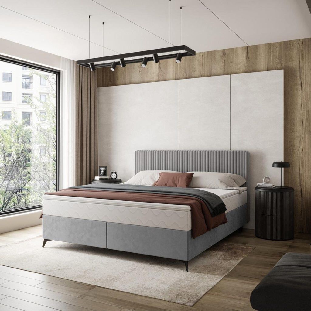 Doppelbett mit Matratze und Topper Wave Polsterbett mit Holzrahmen mit Gashebar Bettkasten Schlafzimmer, Farbe: Silber, Breite 140 cm