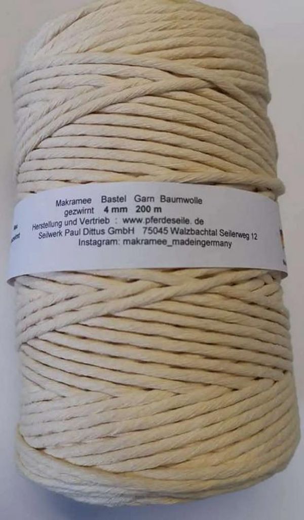Makrameegarn Makramee Baumwollgarn Bastelgarn VANILLE 200 Meter 4 mm GEFLOCHTEN