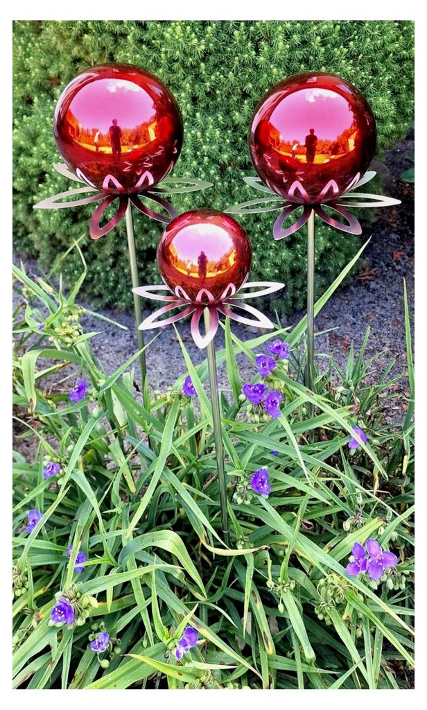 Rosenkugel Set Paris 3er 15/15/10 cm Edelstahl Gartenstecker Deko mit 80 cm Stab (rot poliert)
