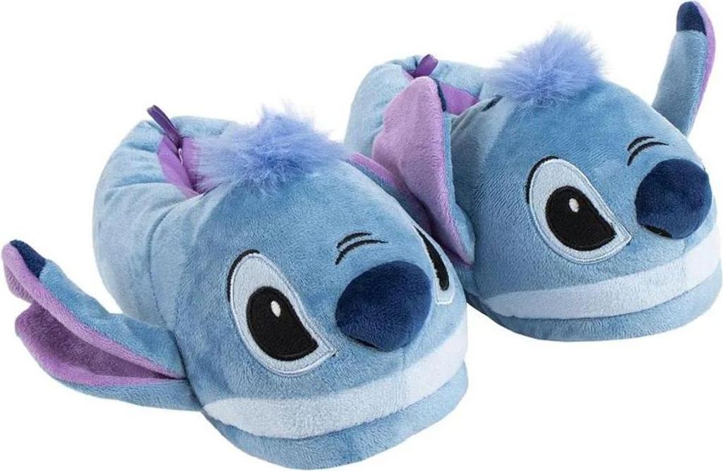 A pair of blue Stitch slippers are displayed against a white background.