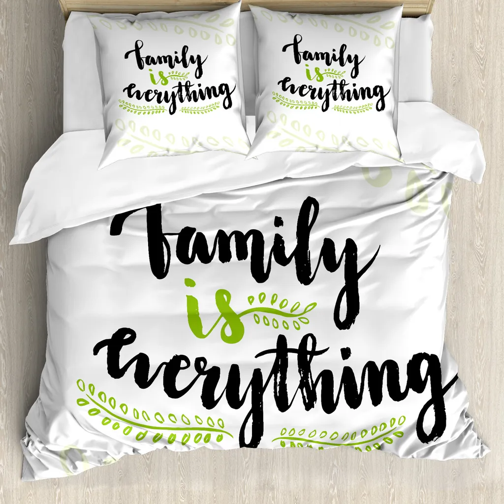ABAKUHAUS Copripiumino famiglia, scritta Phrase, antiacaro, adatto a chi soffre di allergie, con federe, 155 cm x 220 cm - 80 x 80 cm, verde mela, nero, bianco
