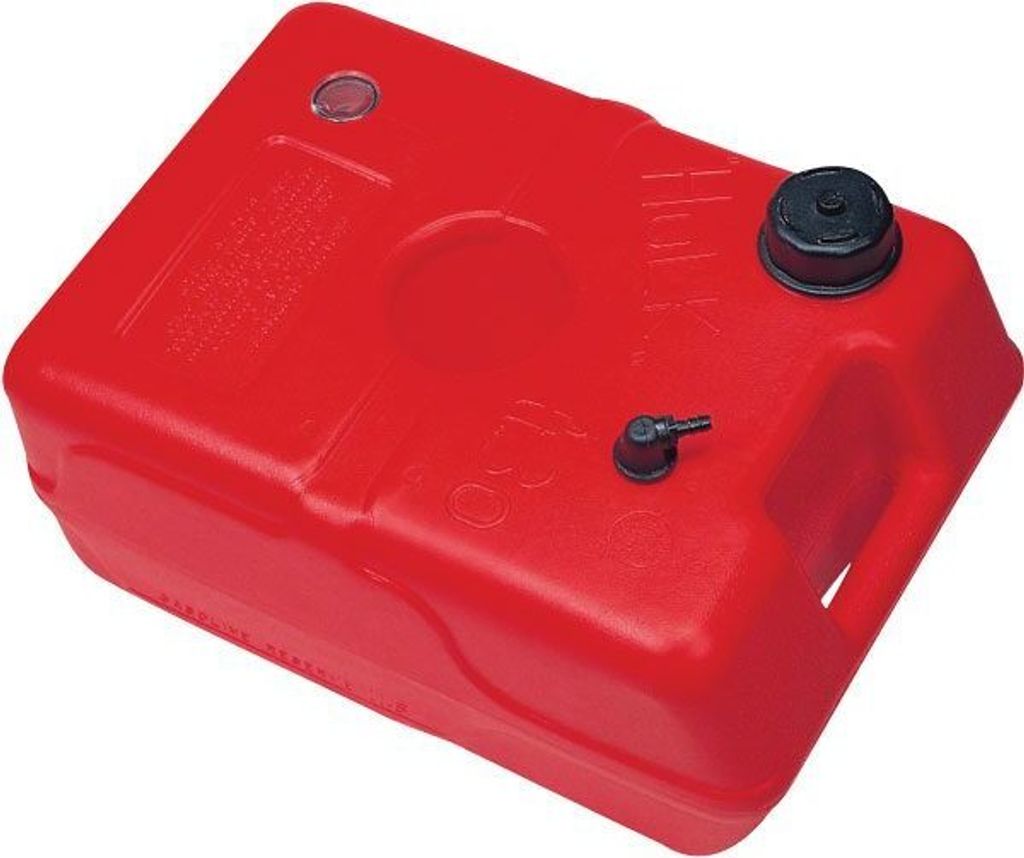A red plastic fuel tank with a black cap and a small black fitting.