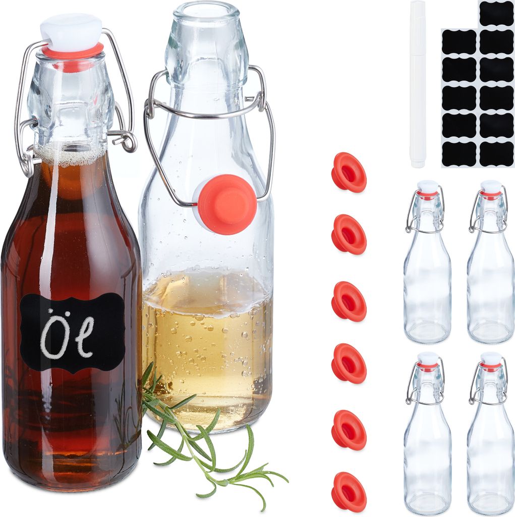 Bügelverschlussflaschen - Set von 6 - 250 ml - Glasfläschchen inkl. Etiketten