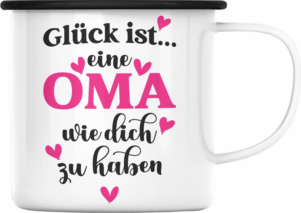 Trendation - Oma Emaille Tasse mit Spruch Geschenk von Enkel für Beste Oma Muttertag Geburtstagsgeschenk (Schwarz)