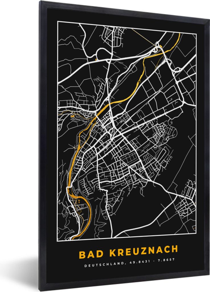 MuchoWow Gerahmtes Poster Deutschland - Schwarz und Gold - Bad Kreuznach - Stadtplan - Karte 40x60 cm - Poster mit Schwarzem Bilderrahmen Wandpos...