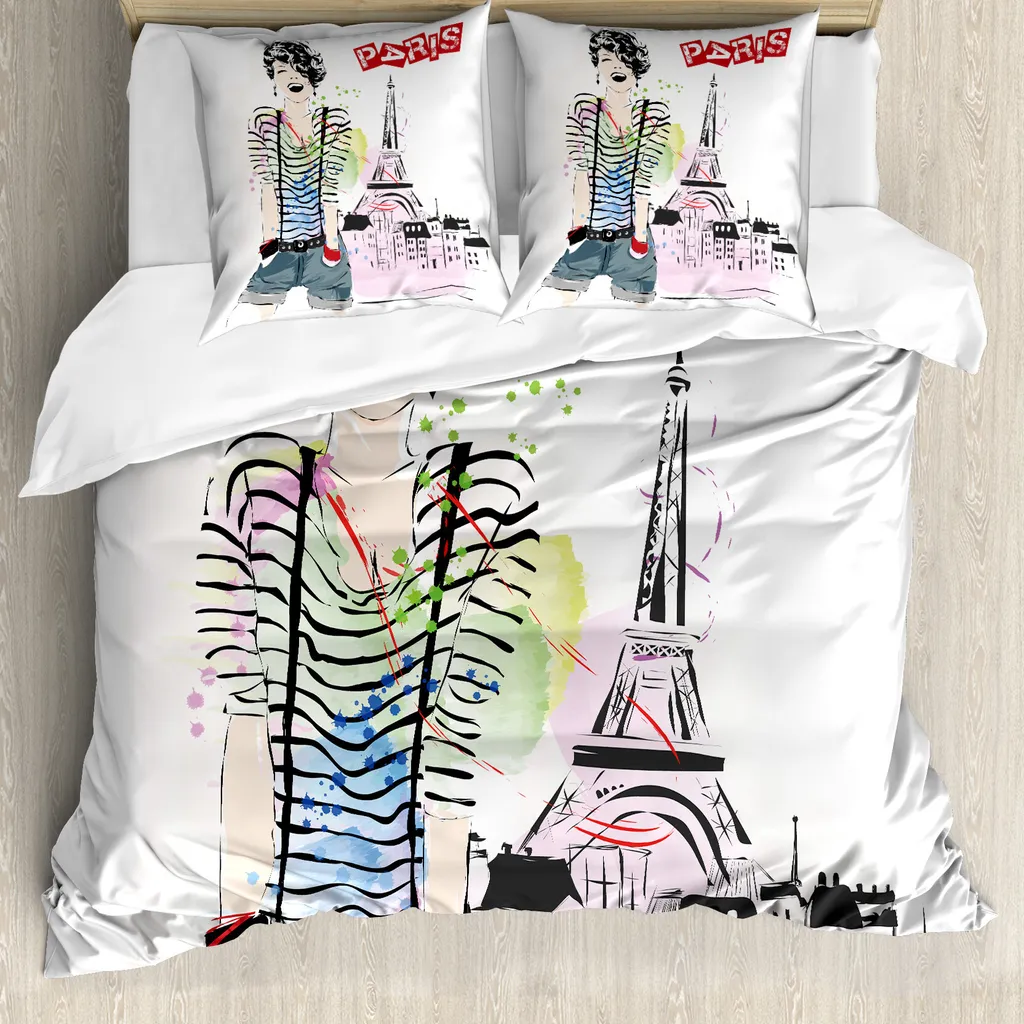 ABAKUHAUS Copripiumino Torre Eiffel, Ragazza felice, Antiacaro, Adatto a chi soffre di allergie, con federe, 155 cm x 220 cm - 80 x 80 cm, Multicolore