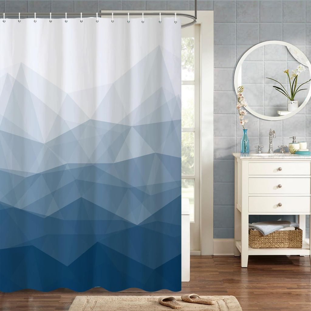 105 x 160 cm blauer Duschvorhang aus marineblauem Ombré-Stoff mit geometrischem Bergmotiv, wasserdicht, aus Polyestergewebe, inklusive Haken