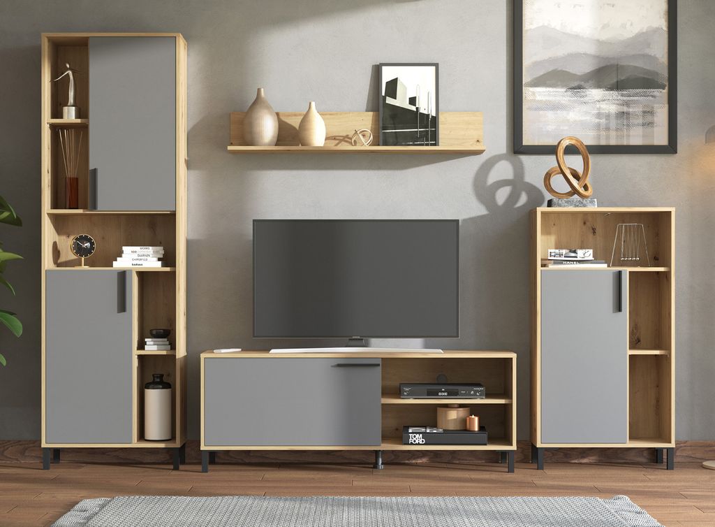 Homestyle4u TV Board Holz TV-Schrank Lowboard TV-Bank Sideboard Grau Natur